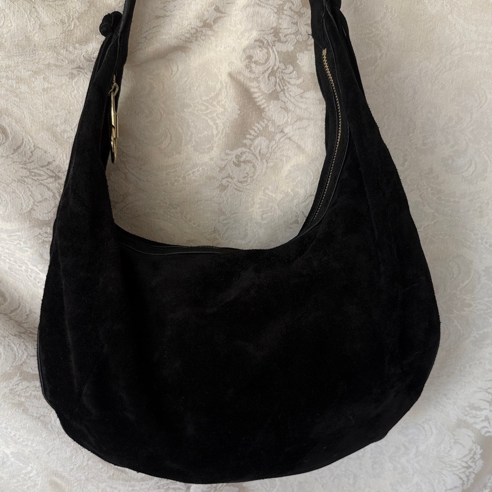 Elizabeth and James Black Suede Hobo Bag with fringe on sides.